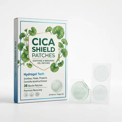 Illustration of a cica centella pimple patch pack with round clear patches.