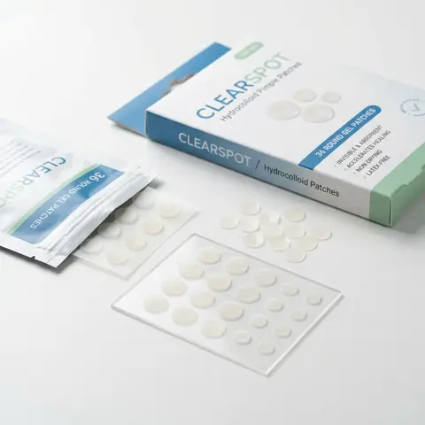 Illustration of a plain round hydrocolloid pimple patch pack with round patches on a sheet.