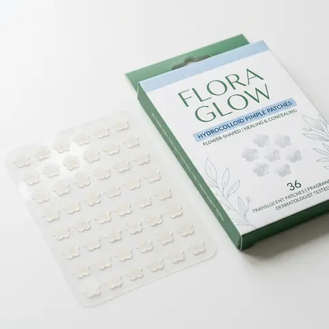 Illustration of flower-shaped pimple patches on a clear sheet.