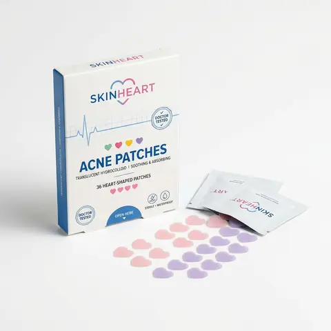 Illustration of pastel heart-shaped pimple patches beside a box.