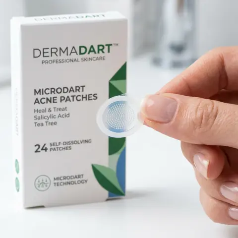Illustration of a microneedle acne patch pack with a hand holding a small round patch.
