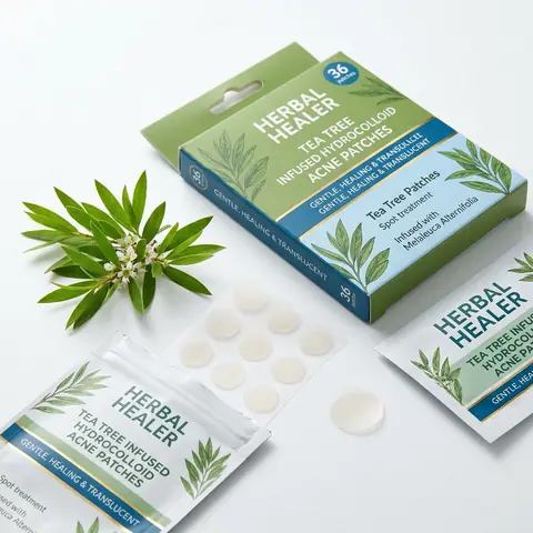 Illustration of a tea tree oil pimple patch pack with a sprig of leaves and round patches.