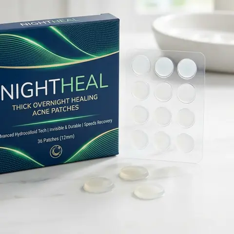 Illustration of a thick overnight pimple patch pack with a sheet of round patches.
